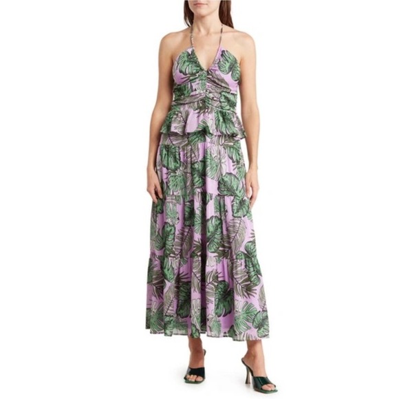 NSR Women's NWT Halter Tiered Maxi Dress Tropical Palm Leaf Print Purple Green - Picture 1 of 9